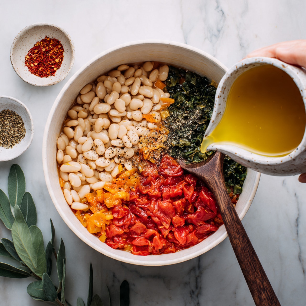 A white pot on a white marbled surface contains three visible layers: cooked white beans on the upper left, bright red diced tomatoes with a soft texture on the lower right, and a mix of finely chopped orange and green vegetables beneath the beans and tomatoes. A wooden spoon with a dark wood grain lies on the right side of the pot resting in the mixture, and a sprinkle of black pepper is scattered over the beans and tomatoes. A woman's hand is holding a white speckled ceramic jug filled with golden-yellow liquid, positioned just above the pot. There are green leaves on the top right and a small white bowl with red chili flakes near the top left corner. Photo taken with an iphone --ar 4:5 --v 7