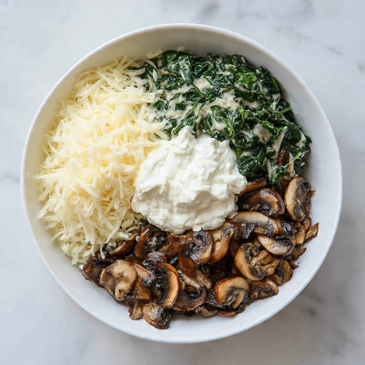 A white bowl contains three main layers arranged side by side: on the left, there is a pile of shredded white cheese with soft texture; on the right, sautéed mushrooms mixed with wilted dark green spinach create a textured, slightly shiny layer; in the center, a dollop of thick white cream sits on the border between the cheese and mushrooms. The bowl is placed on a white marbled surface. photo taken with an iphone --ar 4:5 --v 7