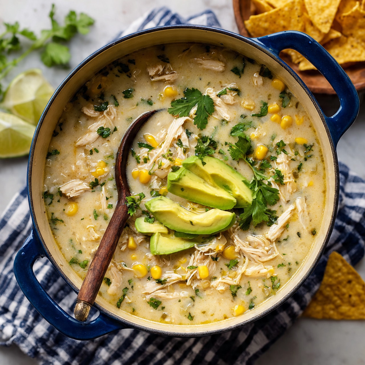A blue pot filled with creamy soup containing shredded light-colored chicken, small yellow corn kernels, and green herbs scattered throughout. On top, several slices of pale green avocado are fanned out near the center, along with fresh green cilantro leaves spread around. A dark wooden spoon is partially submerged on the left side. The pot sits on a white and dark blue checkered cloth over a white marbled surface. Some tortilla chips and lime wedges appear in the blurry background. Photo taken with an iphone --ar 4:5 --v 7