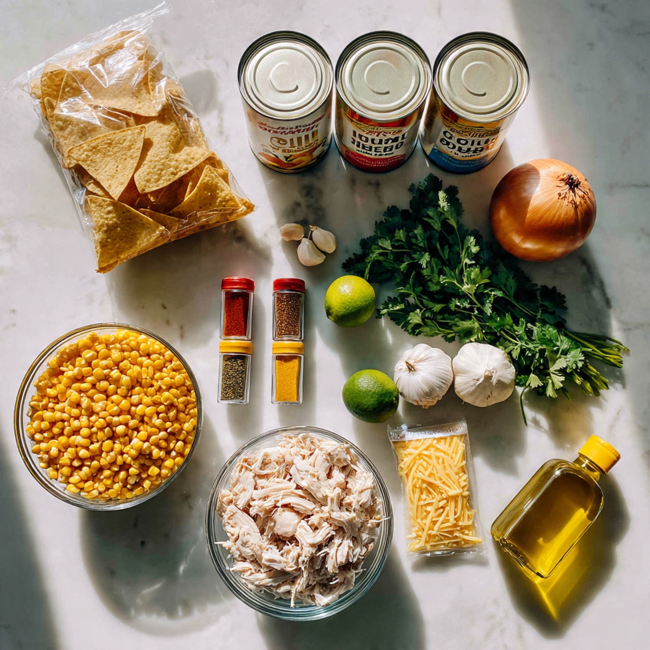 A collection of ingredients neatly arranged on a white marbled surface includes a large white bag of tortilla chips on the left, two cans of white beans stacked vertically, and two cans of chicken broth stacked beside them. Next to the cans are four small spice containers of paprika, oregano, chili powder, and another spice, all lined up. In front of the cans and spices, there is a clear glass bowl filled with yellow corn kernels and another clear bowl filled with shredded cooked chicken. To the right, there is a whole onion, a bunch of fresh green cilantro, a whole lime, two cloves of garlic, a small packet of shredded cheese, and a bottle of olive oil with a yellow cap. The whole arrangement is bright and colorful, with natural lighting highlighting the freshness of the ingredients. Photo taken with an iphone --ar 4:5 --v 7