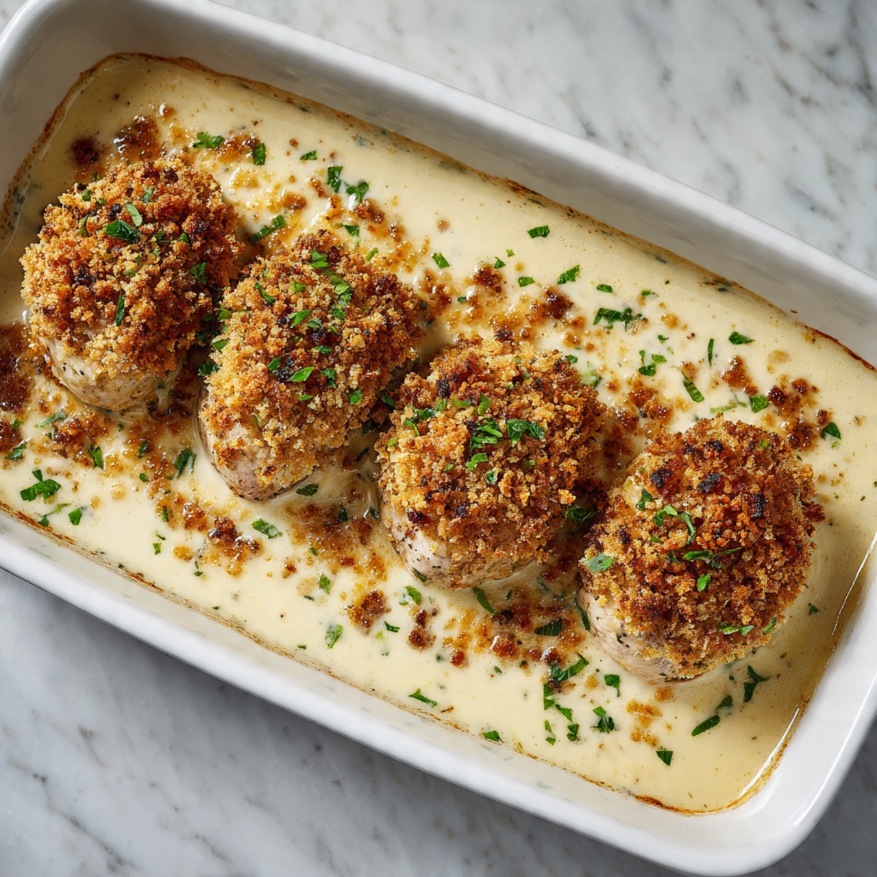 The image shows a white baking dish on a white marbled surface with a creamy beige sauce filling it. On top of the sauce, four pieces of meat are laid out in a row, each covered with light brown crunchy crumbs. The sauce has small specks of herbs visible throughout, and the crumb topping adds a rough, textured layer contrasting with the smooth sauce underneath. The lighting highlights the creamy and crispy textures, making the dish look rich and inviting, photo taken with an iphone --ar 4:5 --v 7