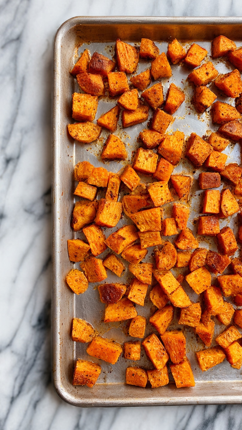 A large silver metal baking tray filled with many small, evenly spaced cubes of orange roasted sweet potatoes. The cubes have a slightly crisp outer texture with some visible seasoning, giving them a warm, cooked appearance. The baking tray is placed on a white marbled surface, showing some light oil stains around the sweet potato cubes. photo taken with an iphone --ar 4:5 --v 7