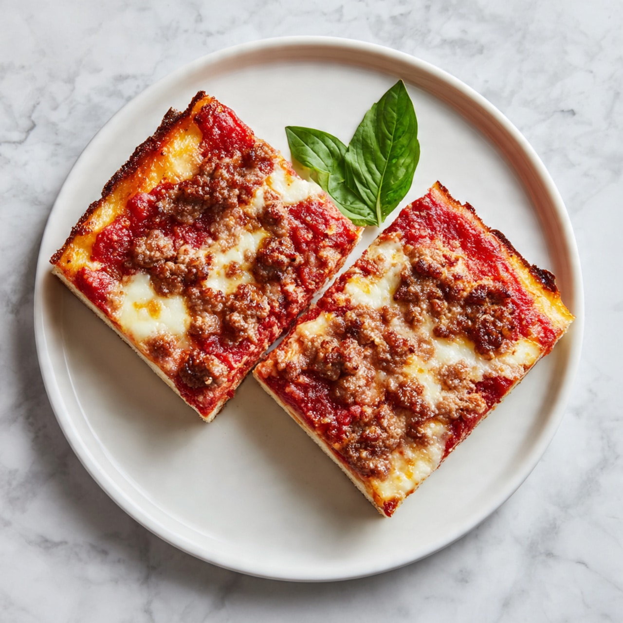 Two rectangular slices of pizza sit on a white plate on a white marbled surface. The pizza has three visible layers: a light golden-brown crust at the bottom, a bright red tomato sauce layer in the middle, and a thick top layer of melted, slightly browned cheese with small bits of browned sausage scattered across. A small green basil leaf is placed on the plate near the pizza slices. Photo taken with an iphone --ar 4:5 --v 7