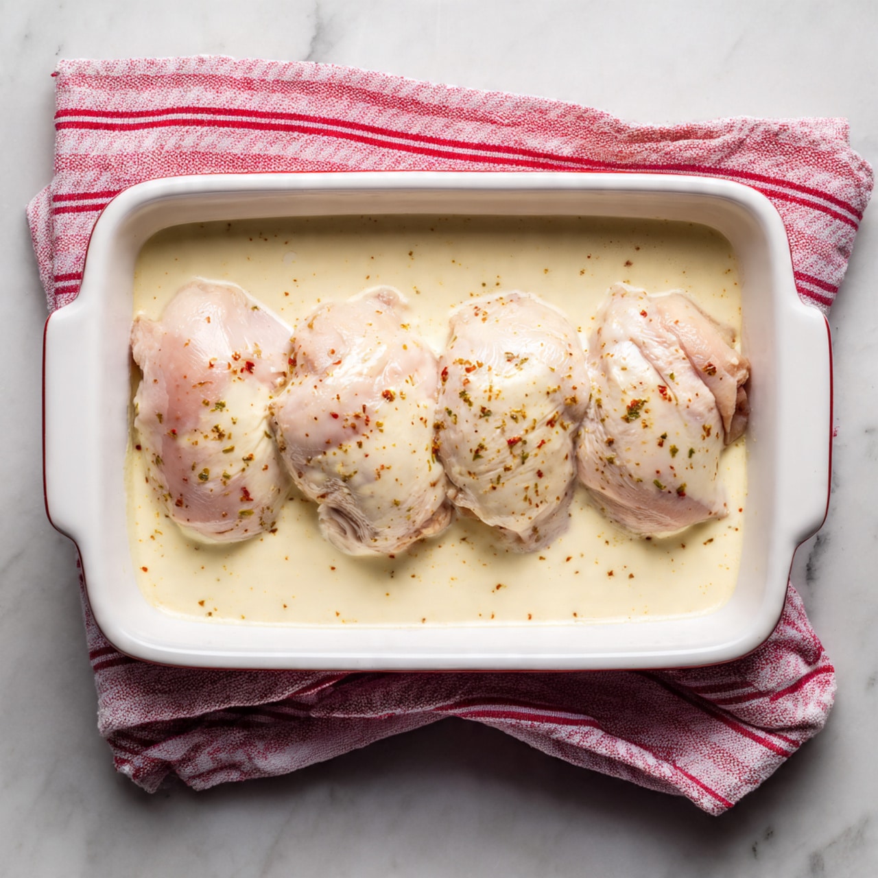 The image shows a white rectangular dish filled with a smooth, creamy white sauce covering the bottom layer. On top of the sauce, there are four raw chicken pieces arranged in a row, each with a light pinkish color and slightly shiny texture. The dish is placed on a white marbled surface, and a red and white striped cloth is partially visible in the top right corner. The photo taken with an iphone --ar 4:5 --v 7