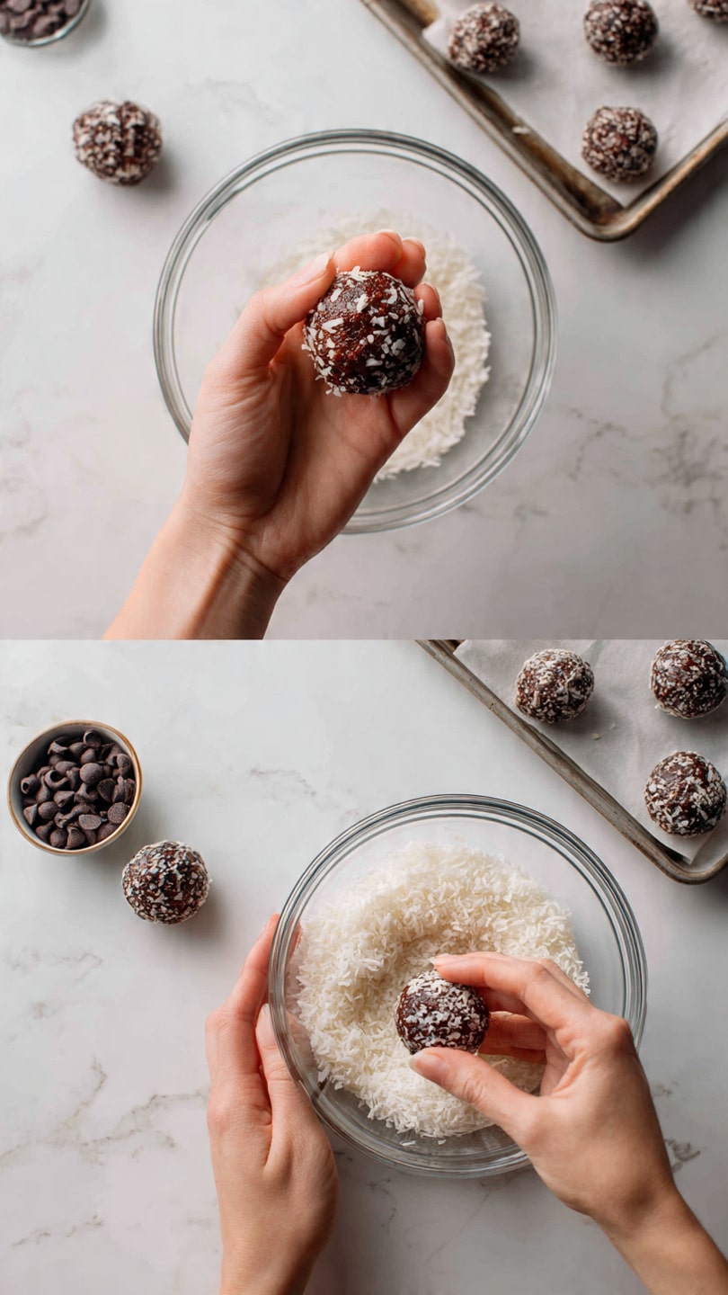 The first image shows a woman's hand holding a round, chocolate brown ball with small white bits mixed inside, grasping it above a clear glass bowl filled with more of the same brown chocolate mixture. In the second image, a woman's hand is gently rolling the same chocolate ball into a small white bowl filled with white coconut flakes, with another woman's hand steadying the bowl on a white marbled surface. In the background, a metal tray holds a few similar chocolate balls on white parchment paper, and a small container with dark chocolate chips sits nearby. Photo taken with an iphone --ar 4:5 --v 7