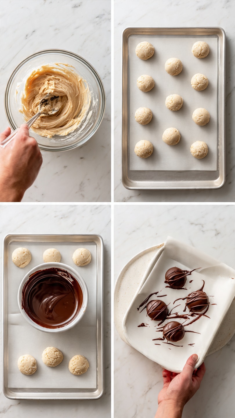 The image shows four photos of cookie-making steps on a white marbled surface. The first photo in the top left shows a clear glass bowl with a creamy light brown cookie dough mixture being stirred by a spoon. The second photo in the top right shows a white baking tray with nine round cookie dough balls evenly spaced on parchment paper, with a woman's hand holding the tray. The third photo in the bottom left shows ovals of dough flattened on parchment paper on a white baking tray, with a round bowl filled with melted chocolate and a chocolate-covered cookie resting on top of the bowl. The fourth photo in the bottom right shows a white baking tray with cooked cookies on parchment paper with some melted chocolate spread around the cookies and a woman's hand holding the tray's edge photo taken with an iphone --ar 4:5 --v 7
