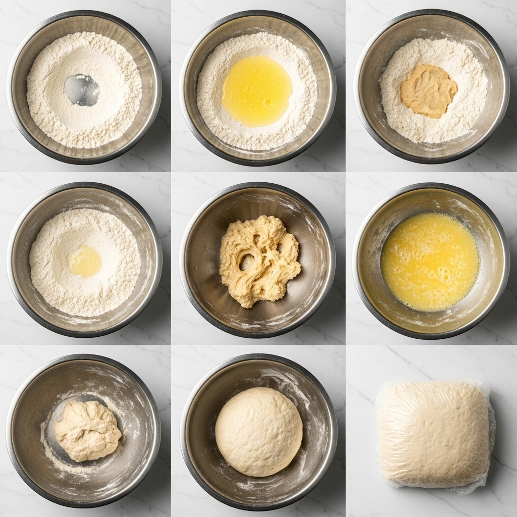 The image shows a process of making dough through eight steps in metal bowls on a white marbled surface. The first layer has white flour spread evenly with a small empty circle in the middle. The second layer adds a pale yellow liquid in the middle of the flour. The third step shows the flour with small lumps forming as it starts mixing with a light beige paste in the center. The fourth step adds more yellow liquid over the partly mixed flour. The fifth layer shows the dough starting to come together with flour still visible around the edges and a sticky mixture in the middle. The sixth layer adds more yellow liquid around the clumped dough pieces in the bowl. The seventh shows a smooth off-white dough ball resting in the bowl, with faint flour residue on the sides. The final layer shows the dough ball wrapped tightly in clear plastic wrap, shaped like a square, placed on the white marbled surface. photo taken with an iphone --ar 4:5 --v 7