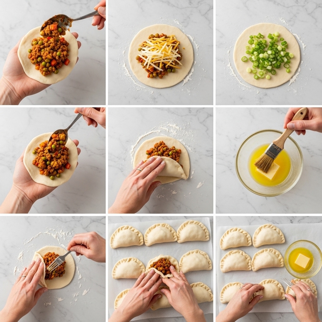 A series of eight images show the step-by-step making of stuffed dough pockets on a white marbled surface. In the first image, a woman's hand holds a round flat dough with a brown meat and vegetable mix (red peppers, green peas, and potato chunks) in the center; a spoon adds more filling. The second image adds thin yellow and white cheese strips on top of the meat filling. The third image shows a woman's hand adding sliced green onions over the filling. The fourth image captures a woman's hand brushing melted butter over the filling on the dough. In the fifth and sixth images, a woman’s hands fold the dough in half over the filling and pinch the edges to seal it, forming a half-moon shape. The seventh image shows several sealed dough pockets on parchment paper, with a woman’s hand pressing the edges with a fork to seal. The final image shows a woman’s hand brushing the pockets with melted butter from a small glass bowl. photo taken with an iphone --ar 4:5 --v 7