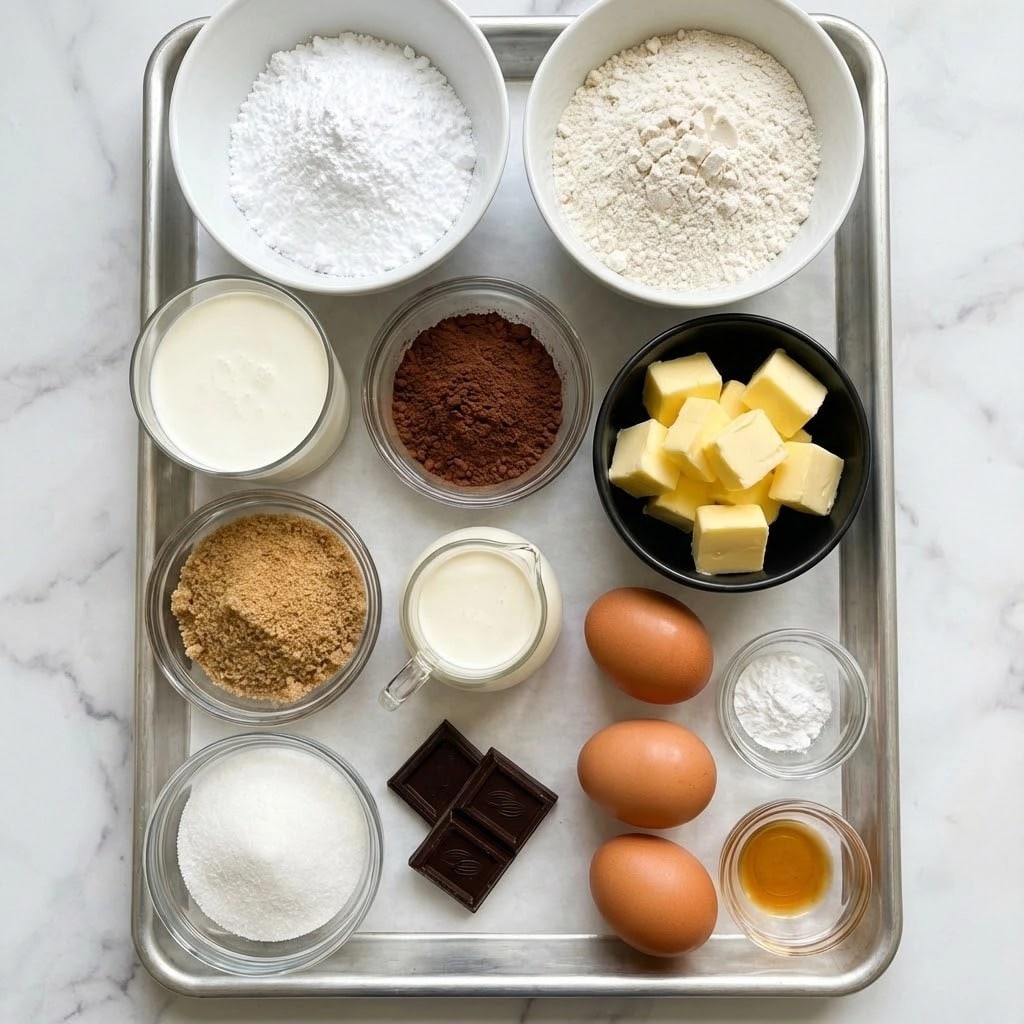A top-down view of several cooking ingredients arranged neatly on a white marbled surface, with a large white bowl in the center filled with yellow fettuccine pasta in loose layers. To the left, two pale raw chicken pieces sit on a white cutting board. Around the pasta bowl are small containers holding chopped white onions, minced garlic, green chopped pickles, red chili flakes, dried herbs, black pepper, grated cheese powder, golden olive oil, yellow broth in a clear measuring jug, a small bowl of salt, and a small glass of olive oil. On the top right, bright green celery and parsley lay on a plain wooden board. The photo taken with an iphone --ar 4:5 --v 7