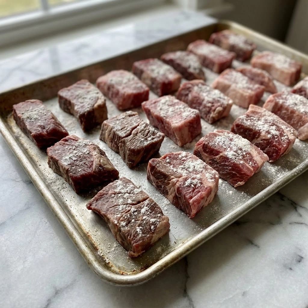A metal tray holds about twenty pieces of raw meat, each piece roughly rectangular and covered lightly with white flour. The meat pieces vary in size and texture, showing different shades of red and brown, some with visible marbling and folds. The tray is placed on a white marbled surface. photo taken with an iphone --ar 4:5 --v 7