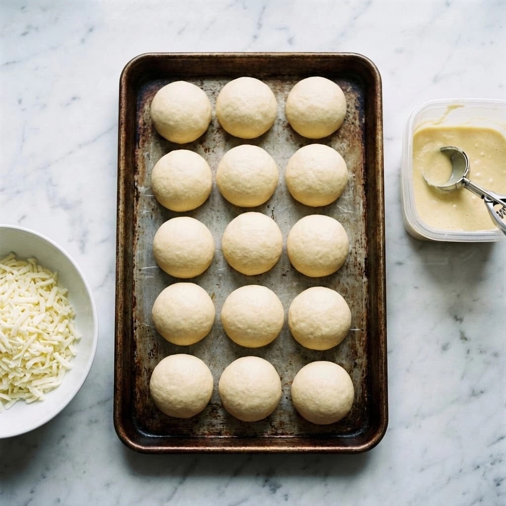 The image shows a white marbled surface with a worn, dark baking tray in the center holding 14 round, smooth dough balls in two rows. To the right of the tray is a clear container filled with pale yellow batter or dough, with a metal scoop resting inside it. To the left, there is a white bowl filled with shredded white cheese on the same white marbled surface. The colors are soft and neutral, with the white and pale yellow dough contrasting the dark baking tray. photo taken with an iphone --ar 4:5 --v 7