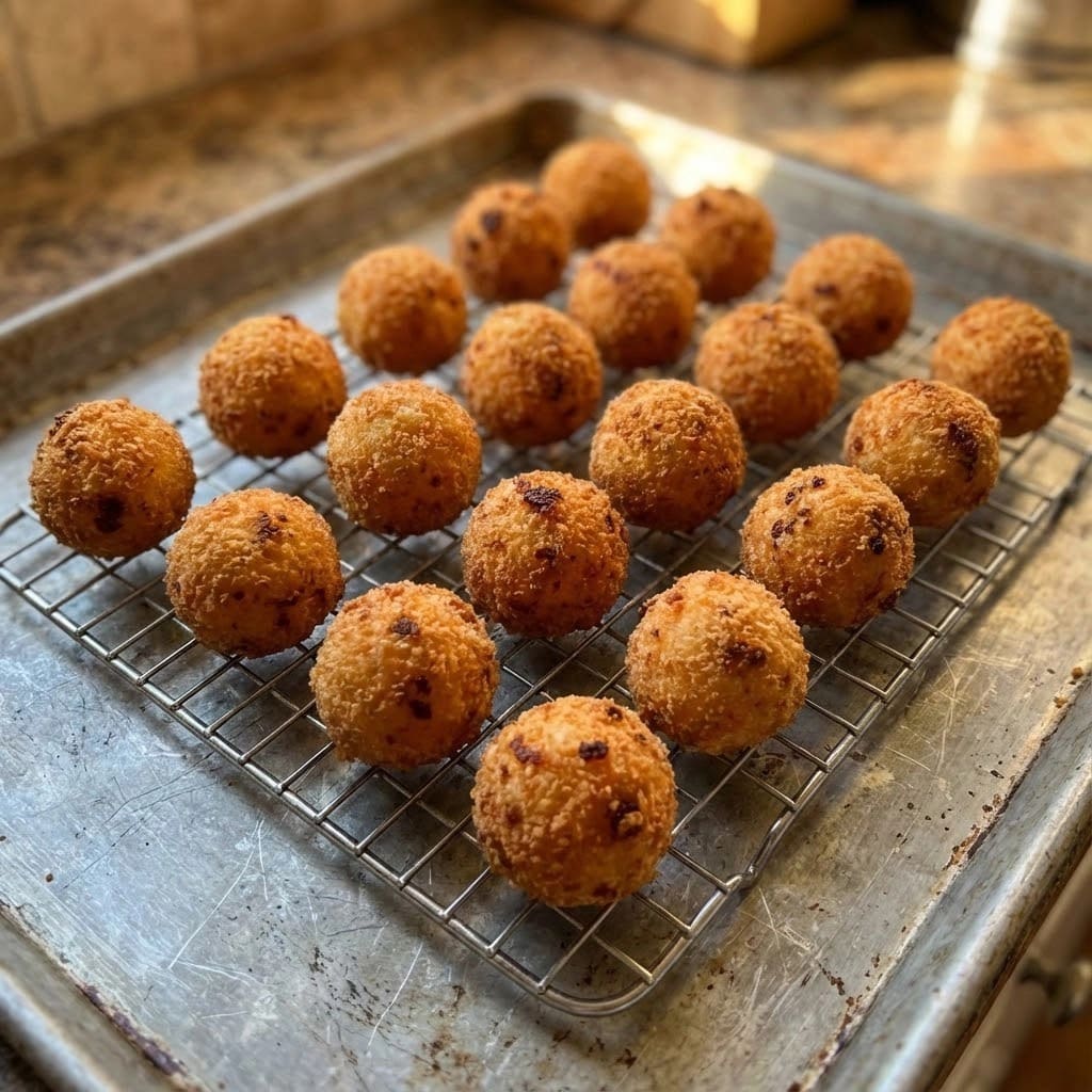 The image shows twenty small, round, golden-brown fried balls neatly arranged in a 5 by 4 grid on a metal cooling rack. Each ball has a crispy, textured outer layer that looks crunchy and slightly uneven, with some darker golden spots giving them a homemade fried look. The metal rack holds the balls above a baking tray with a worn, silver-gray surface. The lighting highlights the rich golden color of the fried balls, showing their rough, crumbly coating. The scene suggests the balls are freshly cooked, cooling on the rack. Photo taken with an iphone --ar 4:5 --v 7