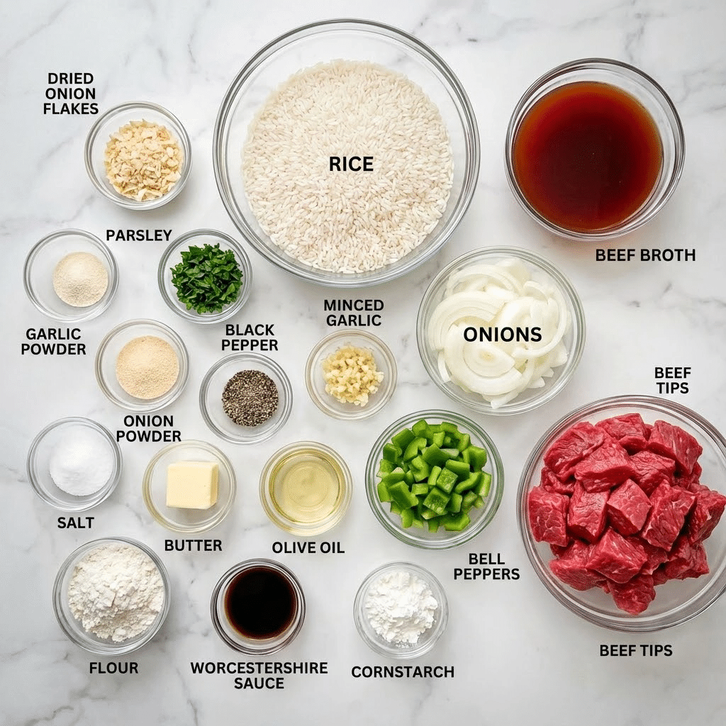 The image shows a white marbled surface with various clear glass bowls arranged neatly, each containing different cooking ingredients. In the top center, a large bowl holds white rice grains, while to the right, a medium bowl is filled with deep red beef broth. Below the broth, a large bowl contains bright red raw beef tips. To the middle right, sliced white onions are in a medium bowl, and next to it, another bowl holds chopped green bell pepper pieces. Scattered smaller bowls contain pale yellow onion flakes, green parsley, white garlic powder, light beige onion powder, and coarse black pepper. Minced garlic sits in a small bowl near the center. Additional small bowls hold white salt, a pale yellow square of butter, a clear, pale golden olive oil, white flour, dark brown Worcestershire sauce, and white cornstarch. Each ingredient is labeled with black text in a simple font placed near the respective bowl. photo taken with an iphone --ar 4:5 --v 7