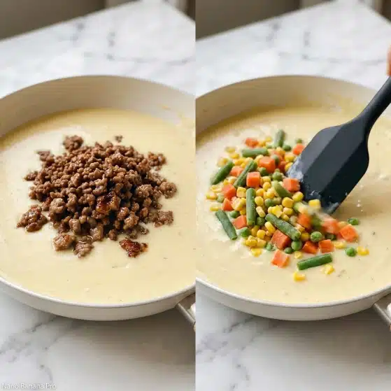 The image shows two close-up views of a white pan with a creamy yellow sauce base. In the left view, the pan is filled with a smooth, thick yellow sauce, topped with a pile of cooked, finely crumbled brown meat placed roughly in the center. In the right view, the sauce remains, but the meat is replaced by a mix of colorful frozen vegetables including bright yellow corn, orange carrot cubes, green beans, and peas, all spread evenly and being stirred with a black spatula. The pan rests on a white marbled surface. Photo taken with an iphone --ar 4:5 --v 7