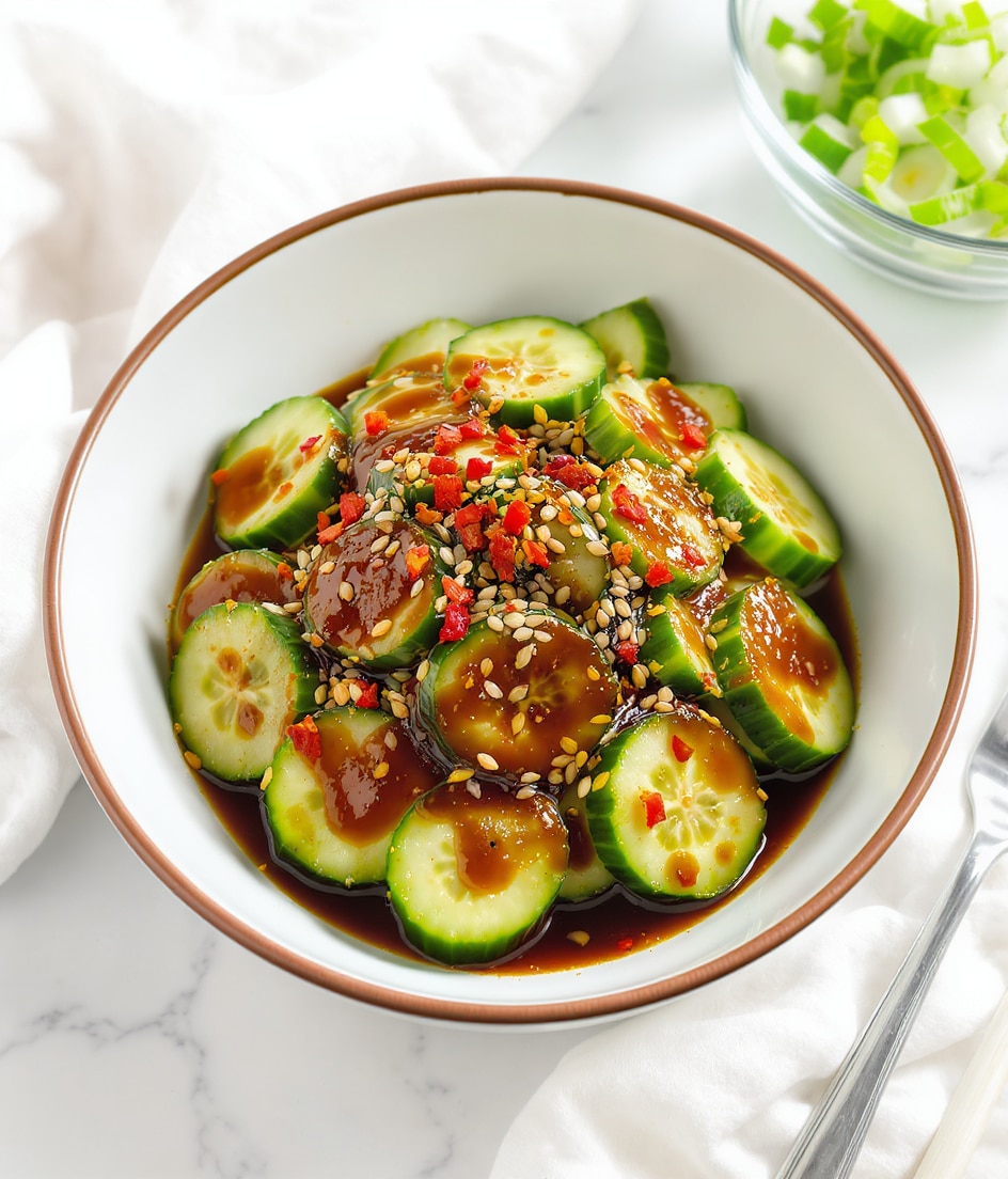 A white bowl with a thin brown rim holds several pieces of green cucumber sliced in a wavy pattern stacked loosely in two layers. The cucumbers are coated in a shiny dark sauce and sprinkled with small white sesame seeds and red chili flakes scattered evenly on top. Next to the bowl are silver chopsticks, and the scene is set on a white marbled surface with a white cloth and a clear glass bowl containing green sliced onions in the top right corner. photo taken with an iphone --ar 4:5 --v 7