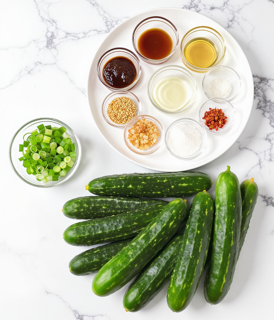 The image shows seven fresh, dark green cucumbers placed in a slightly scattered pile on a white marbled surface. Above them is a white round plate holding eight small clear glass bowls arranged in a circle, each containing different ingredients. Starting from the top and moving clockwise, the first bowl has a dark brown sauce, the second a light brown liquid, the third a clear liquid, the fourth golden sesame seeds, the fifth white sugar, the sixth white salt, the seventh minced garlic, and the eighth chili oil with red flakes. To the left of the plate is another small clear bowl with bright green sliced spring onions. The overall setup is clean and bright. photo taken with an iphone --ar 4:5 --v 7