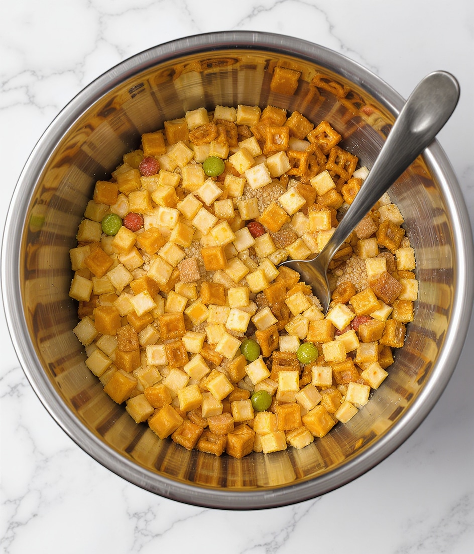 A large stainless steel bowl filled with a mix of snacks including golden-brown pretzels, square-shaped cereal pieces in light beige, small colorful round candy pieces, and light tan nuts. A black spoon is placed inside the bowl on the right side, slightly buried in the snacks. The bowl is sitting on a white marbled surface. photo taken with an iphone --ar 4:5 --v 7