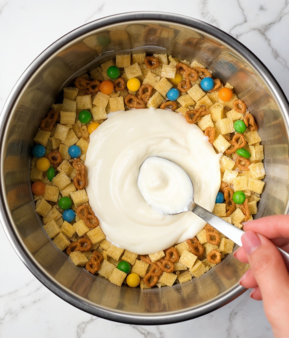 The image shows a large round silver mixing bowl filled with a snack mix. The base layer has light brown pretzels shaped like small twisted knots spread all around. Scattered on top are small yellow square cereal pieces with a woven texture and colorful round candy pieces in blue, green, orange, and yellow. In the middle of the bowl, there is a pool of smooth white yogurt or cream being mixed into the snack mix with a gray spoon held by a woman's hand. The bowl sits on a white marbled surface. photo taken with an iphone --ar 4:5 --v 7