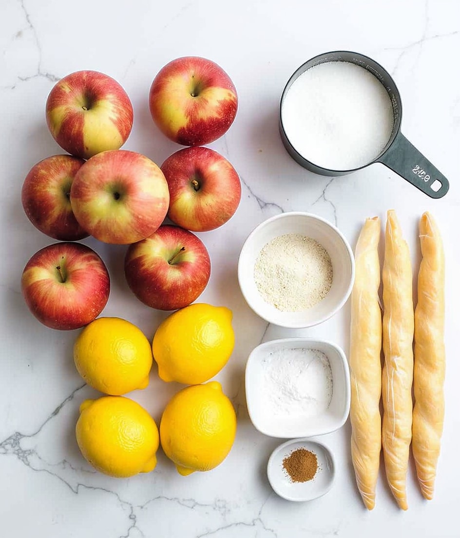 The image shows a white marbled surface with several ingredients neatly arranged. On the left, there is a pile of seven fresh red apples with green-yellow highlights. Below the apples, two whole yellow lemons sit side by side. To the right of the apples and lemons, there is a black metal measuring cup filled with white granulated sugar. Next to the sugar, three white round and square bowls hold brown sugar, all-purpose flour, and cinnamon powder. A small white spoon contains a darker brown spice, likely nutmeg. On the far right, three cone-shaped pastry rolls wrapped in clear plastic lay next to each other. The arrangement is clean and simple, highlighting the variety of textures and colors, all set against the white marbled background. photo taken with an iphone --ar 4:5 --v 7