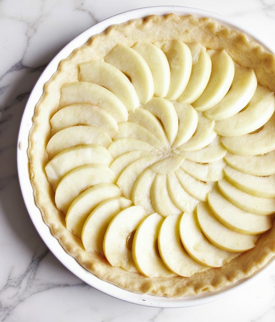 A white dish filled with slices of peeled apples neatly layered in a circular pattern over an uncooked pie crust that lines the dish, the apple slices are light yellow with a slightly soft texture. The background is a white marbled surface. Photo taken with an iphone --ar 4:5 --v 7
