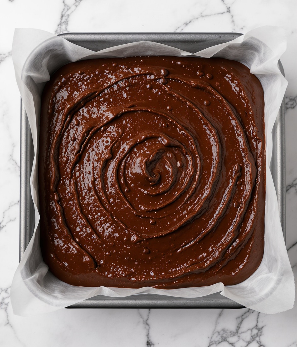 A square metal baking pan lined with white parchment paper holds a thick, dark chocolate batter spread evenly inside. The batter is glossy and textured with small chocolate chips scattered throughout, showing swirls and slight ridges on the surface. The background is a white marbled texture, and the lighting highlights the rich, dense look of the mixture as it fills the pan. Photo taken with an iphone --ar 4:5 --v 7