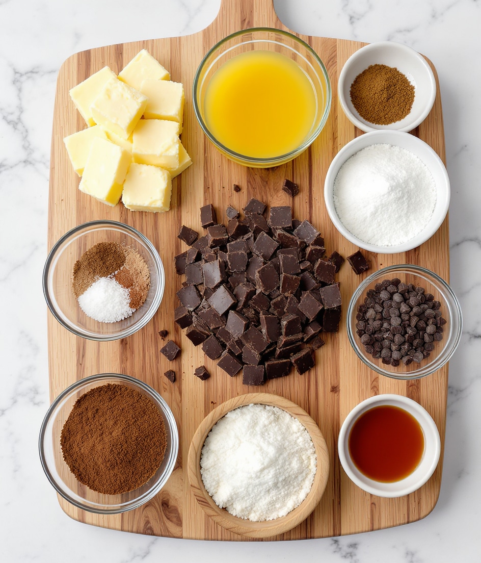 The image shows a wooden board with nine different ingredients arranged neatly in bowls and piles. Starting from the top left, there are several slices of pale yellow vegan butter on the board next to a clear glass bowl filled with light yellow aquafaba. To its right, a small white bowl contains a mix of fine salt and dark brown espresso powder. Below it, a medium-sized white bowl holds fine cane sugar with a textured surface. In the center is a pile of irregularly shaped dark chocolate chunks, surrounded by a wooden bowl filled with white flour at the bottom center. To the right, there's a clear glass bowl with small dark chocolate chips and next to it a small white bowl holding amber-colored vanilla extract. At the bottom left, a clear glass bowl is filled with rich brown cocoa powder. The whole setup is placed on a white marbled texture surface. photo taken with an iphone --ar 4:5 --v 7
