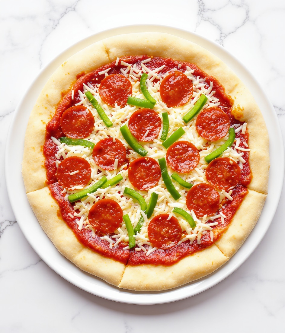 A small pizza on a round white plate, sitting on a white marbled surface, shows three main layers. The bottom layer is light beige pizza dough with a wide edge crust. On top of that is a smooth, bright red tomato sauce spread evenly inside the dough circle. The next layer is a thick, even cover of shredded white cheese with a soft texture spread over the sauce. There are eleven round, orange-red pepperoni slices spread evenly on top, some partially covering small green pepper strips placed in between the pepperoni slices. Photo taken with an iphone --ar 4:5 --v 7