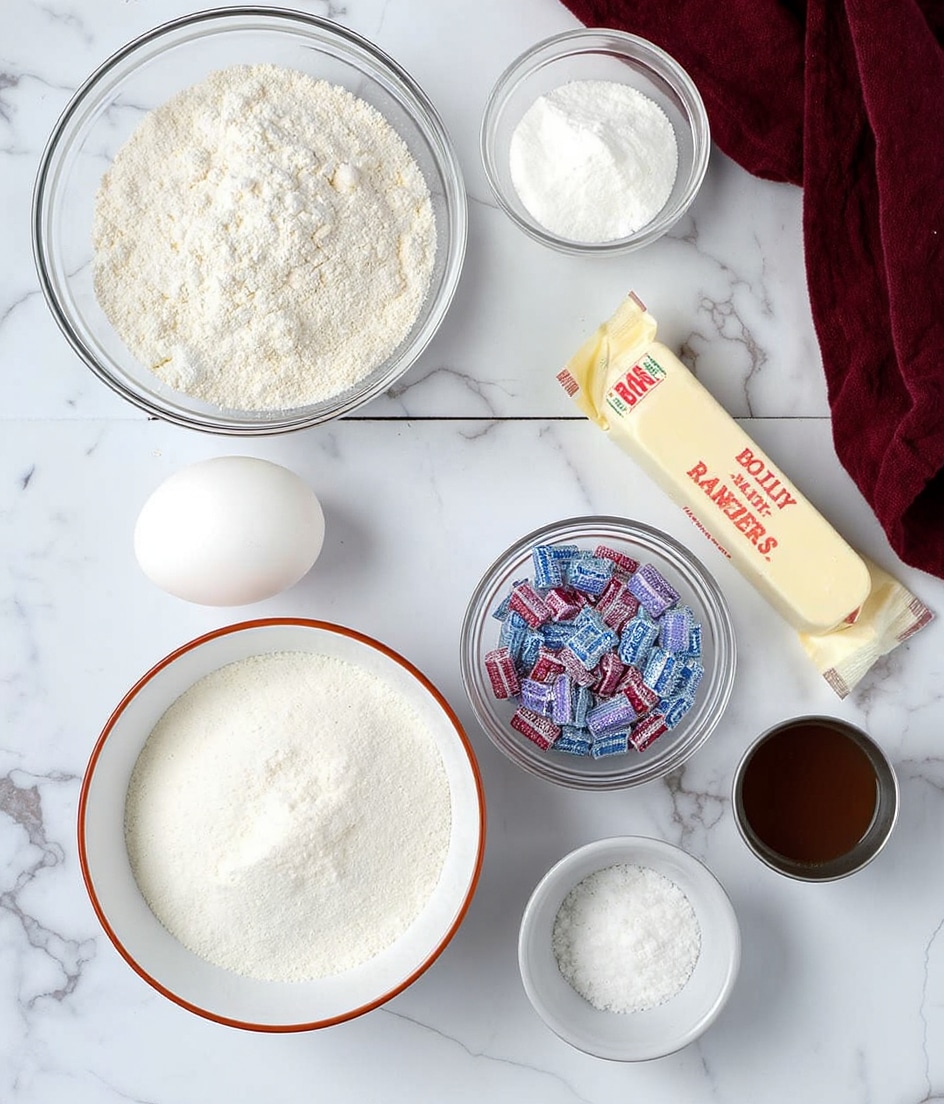 The image shows baking ingredients arranged on a white marbled surface. Starting from the top left, there is a large clear bowl filled with white flour that has a rough texture. Next to it on the right is a small clear bowl with a white powder inside, likely baking powder. Below these, a white egg sits alone on the surface. Below the egg is a white bowl with an orange rim, filled with granulated white sugar showing a smooth texture. On the right side of the sugar bowl, there is a small clear bowl filled with different colored wrapped pieces of candy. Above the candy bowl, there is a stick of pale yellow butter wrapped in cream paper with red text. To the right of the candy bowl, there is a small clear bowl containing dark brown liquid, possibly vanilla extract. Finally, below it, a small silver metal cup holds white granulated salt. In the top right corner, a folded dark red cloth with a rough texture rests partially in the frame. The arrangement is neat and the colors are soft and natural, seen in bright light. Photo taken with an iphone --ar 4:5 --v 7