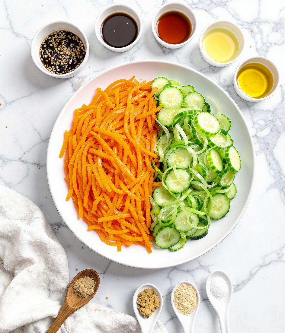A white plate sits on a white marbled surface, filled with two main layers: on the left, thin, wide orange carrot ribbons with a smooth texture, and on the right, thin green cucumber ribbons curling and overlapping with a crisp, fresh look. Around the plate are small white bowls and spoons holding various ingredients: a small white bowl at the top left with black and white sesame seeds, a white bowl with dark soy sauce near it, and small white bowls on the right holding clear rice vinegar, pale light yellow grape seed oil, maple syrup, and golden sesame seed oil. Below the plate, three white spoons contain small amounts of salt, dried ginger, and white pepper powder, respectively, with the dried ginger in the middle wooden spoon. The setting is bright and clean, showing all colors clearly. Photo taken with an iphone --ar 4:5 --v 7