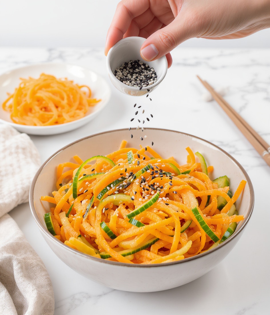 A bowl filled with thin, long ribbons of bright orange carrot and green cucumber, layered loosely with the carrot ribbons curling and the cucumber curls showing their smooth, slightly shiny green skin and pale inner flesh. A woman's hand is holding a small white bowl filled with black and white sesame seeds above the bowl, about to sprinkle them. Nearby on a white marbled surface is a white plate with a small pile of the same carrot and cucumber ribbons beside a pair of chopsticks with white tips. The lighting is bright and natural, highlighting the fresh colors and textures. Photo taken with an iphone --ar 4:5 --v 7