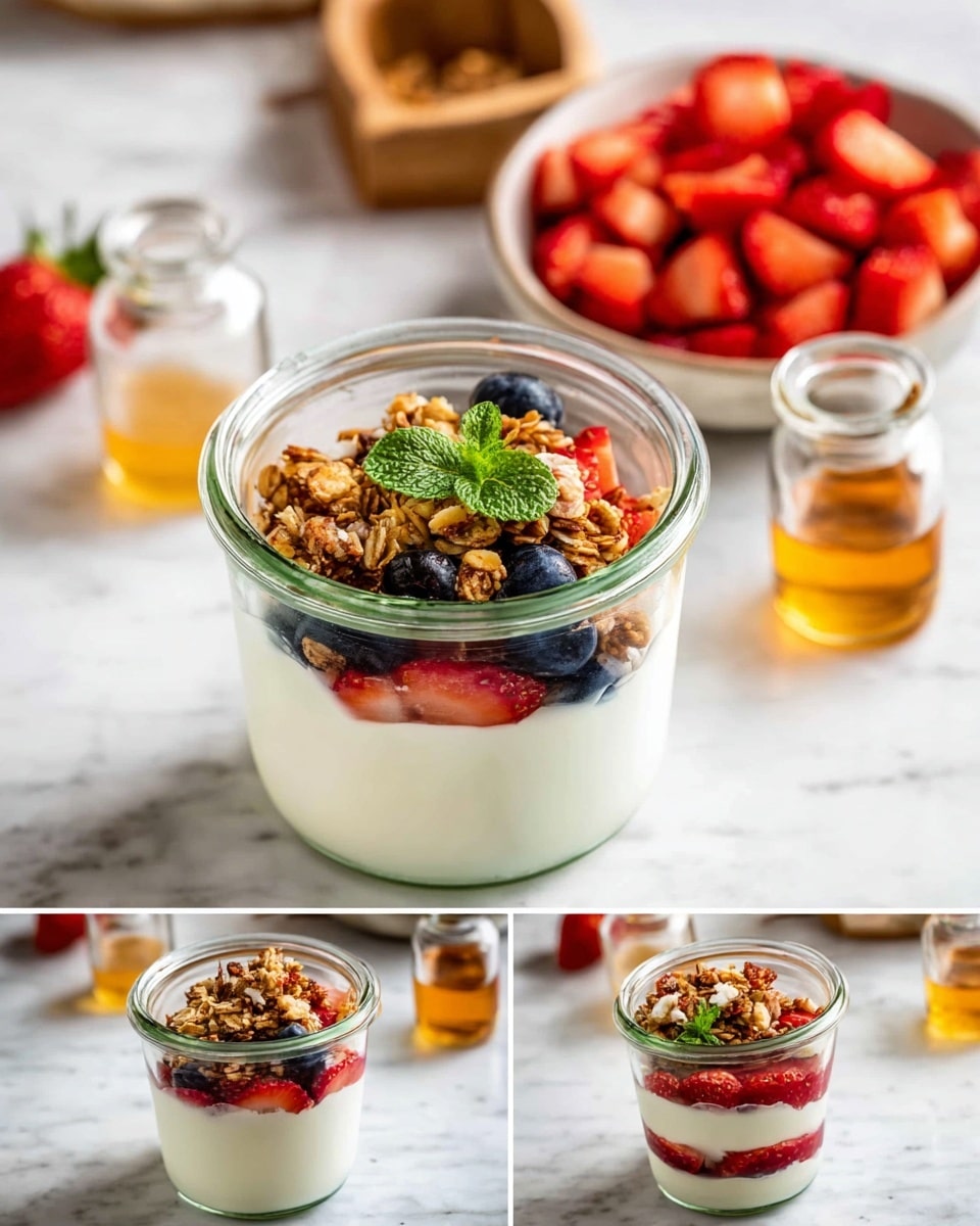 The image shows a glass jar with four visible layers: the bottom layer is thick white yogurt, followed by a layer of mixed red and blue berries (strawberries and blueberries) with bright, fresh colors and a juicy texture. Above the fruits, there is a crunchy granola layer with brown and golden clusters adding texture, and the top layer is another smooth yogurt layer, decorated with a few berries, granola pieces, and a small fresh green mint leaf for garnish. The jar sits on a white marbled surface with a small glass bottle of golden honey nearby and a white bowl filled with chopped strawberries beside it. Photo taken with an iphone --ar 4:5 --v 7