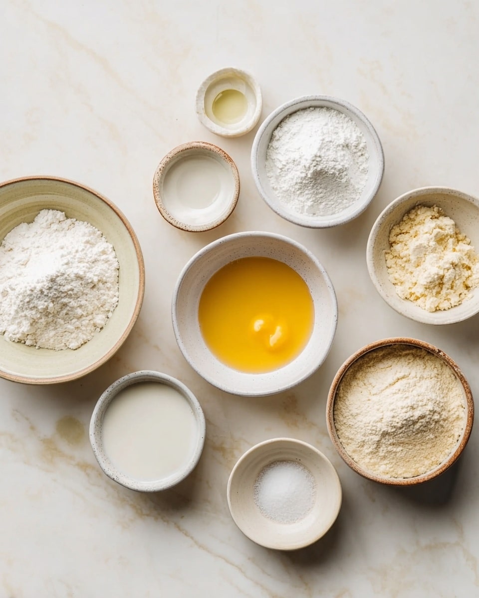 The image shows a top view of several white ceramic bowls arranged on a white marbled surface, each filled with different baking ingredients. In the center, there is a medium bowl filled with melted yellow butter. Surrounding it are bowls with fine white powder (possibly powdered sugar), a thicker white creamy ingredient, a beige powder (likely almond flour), and a smooth white liquid. There are also smaller bowls holding a small amount of clear liquid, a small pinch of white powder, and a small bowl possibly with lemon juice or vanilla extract. The bowls have a rustic, slightly uneven look with a beige rim. The scene looks clean and calm, with natural lighting. Photo taken with an iphone --ar 4:5 --v 7