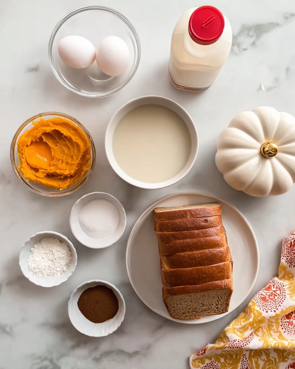 The image shows several ingredients placed on a white marbled surface. In the center bottom, there is a white plate holding a loaf of sliced brown bread, neatly arranged. Above the bread, a white bowl filled with a light beige liquid, possibly milk, is positioned. To the left of the bowl, a small white dish contains bright orange purée. In the top left corner, there are two raw eggs in a clear glass bowl side by side. To the right of the eggs, a bottle with a white and red cap, likely syrup, is placed. Surrounding these main items are three smaller white dishes: one with white powder, one with dark brown powder, and a white ceramic pumpkin-shaped container with a gold knob on its lid is in the upper right area. The scene is softly lit, clear, and organized, and there is a bit of a patterned cloth with yellow and red in the bottom right corner. Photo taken with an iphone --ar 4:5 --v 7