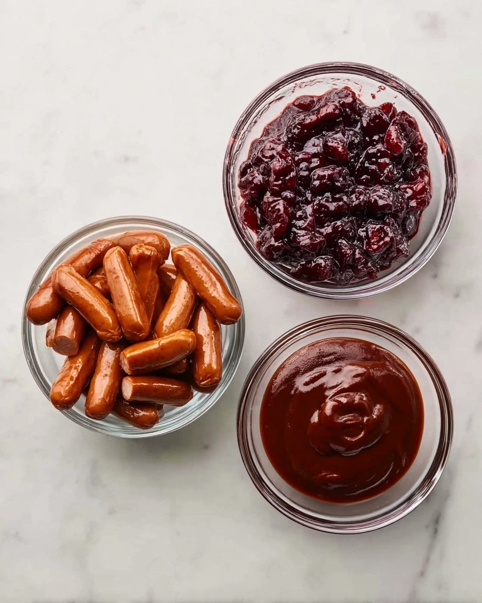 Three clear glass bowls are placed on a white marbled surface. The first bowl on the left is filled with several small cooked sausages, which are shiny and brown in color, showing a smooth texture. The second bowl, above the first, contains a thick, dark red chunky sauce that looks like a berry or cranberry sauce with visible pieces of fruit. The third bowl, to the right and below the second one, holds a smooth, dark reddish-brown barbecue sauce with a glossy, rich texture. The bowls are arranged in a triangular shape. photo taken with an iphone --ar 4:5 --v 7