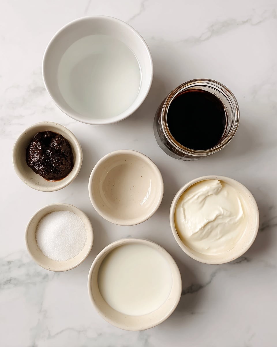 The image shows six white bowls on a white marbled surface, each holding different ingredients. At the top left is a medium-sized bowl with clear water, next to it on the right is a jar with dark cold brew coffee. Below the water bowl, there is a small bowl with dark brown vanilla bean paste. In the center is a small bowl filled with white milk. To the right of the milk bowl is a medium bowl containing white heavy cream, and below the milk is a smaller bowl with white sugar. The bowls are arranged in a loose circular shape, with the cold brew and vanilla bean paste creating a contrast with the mostly white ingredients. Photo taken with an iphone --ar 4:5 --v 7