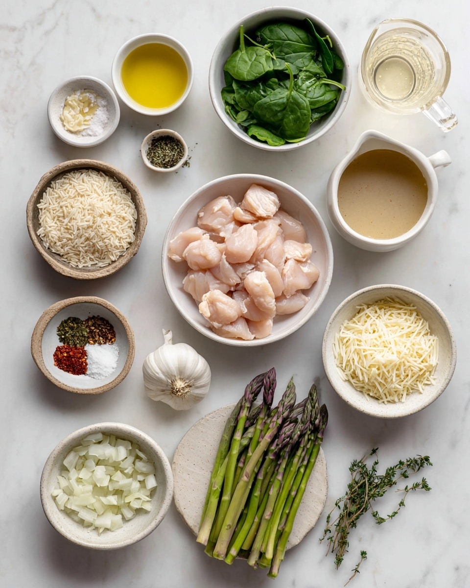 The image shows a neat arrangement of ingredients on a white marbled surface, each in a white or light-colored bowl or small plate. There are nine containers: one with light golden olive oil in a small white bowl at the top center, one with fresh green spinach leaves below it, a larger white bowl with raw pale pink chicken pieces in the center, and a clear measuring cup with light beige chicken broth on the top right. Next to the chicken is a bowl with shredded pale yellow Parmesan cheese. Below that, there is a white bowl holding cut green asparagus spears with purple tips. At the bottom center, a bowl contains chopped white onion pieces, and nearby is a tiny clear bowl with minced garlic. To the left of these, a shallow earthen bowl has several spices in small piles, including red pepper flakes, salt, garlic powder, and black pepper. Above this, a tiny white bowl holds fresh thyme sprigs. Towards the top left, there is a small dark bowl filled with uncooked light beige orzo rice, and a small white pitcher near it labeled half and half liquid completes the setup. photo taken with an iphone --ar 4:5 --v 7