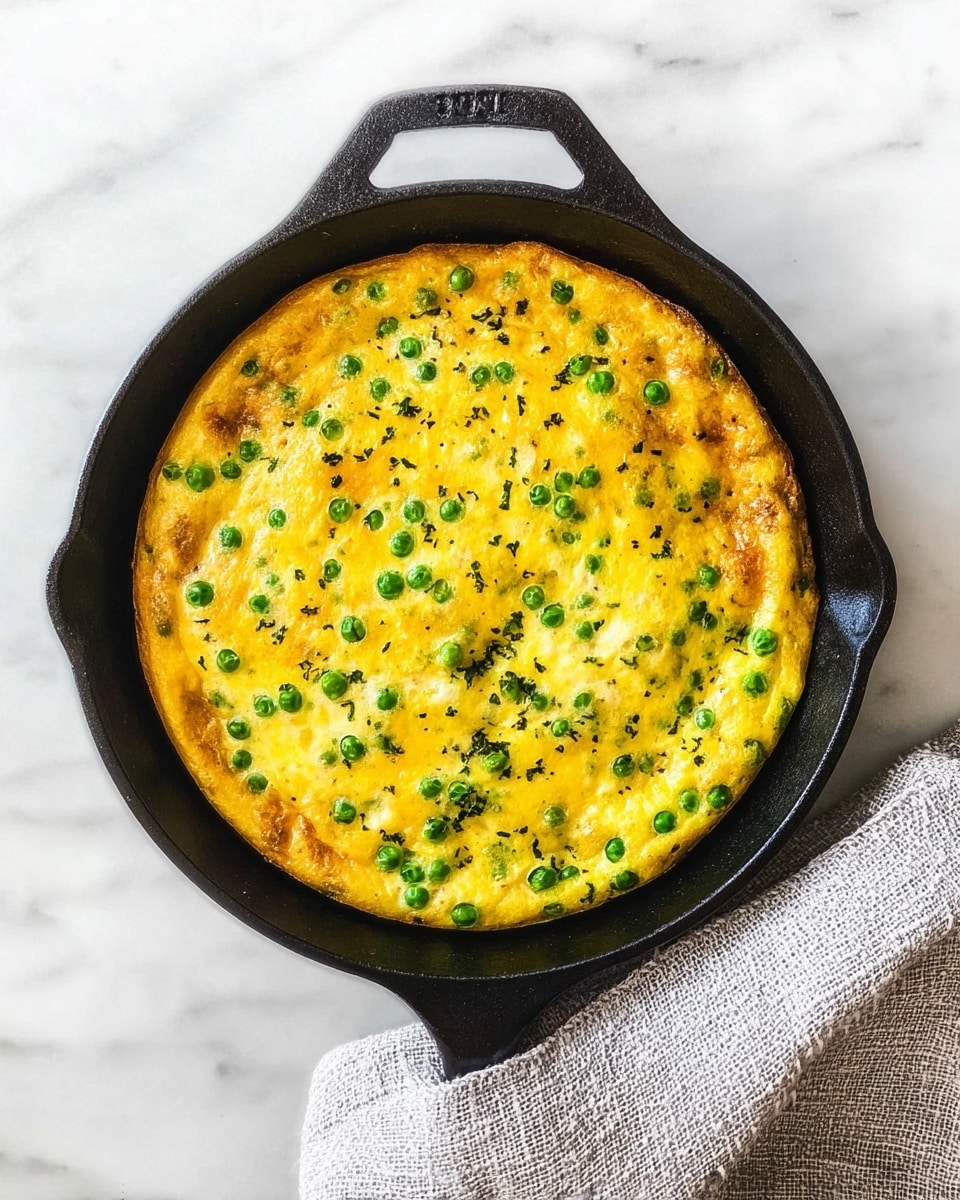 The image shows a round dish cooked in a black cast iron skillet that has two handles, placed on a white marbled surface. The dish has one main layer, which is a golden-yellow baked egg base, dotted all over with small bright green peas and some bits of green herbs, creating a speckled texture. The edges of the dish are slightly browned, adding a crispy look. The skillet sits next to a folded light gray textured cloth on the right side. The scene is bright and clear, highlighting the contrast between the skillet and the marbled surface. photo taken with an iphone --ar 4:5 --v 7