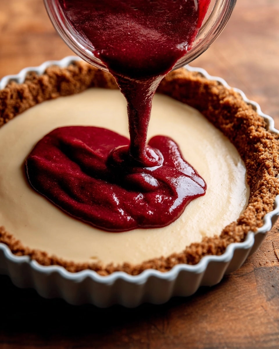 A close-up view of a tart in a white scalloped-edge tart pan. The bottom layer is a brown crumb crust with a rough texture, evenly pressed along the pan’s edge. On top of the crust is a smooth, creamy beige filling layer, spread flat and covering the entire crust. A thick, dark red-purple mixture is being poured over the creamy layer from a glass bowl, creating a high contrast between the two layers. The tart sits on a wooden surface. photo taken with an iphone --ar 4:5 --v 7