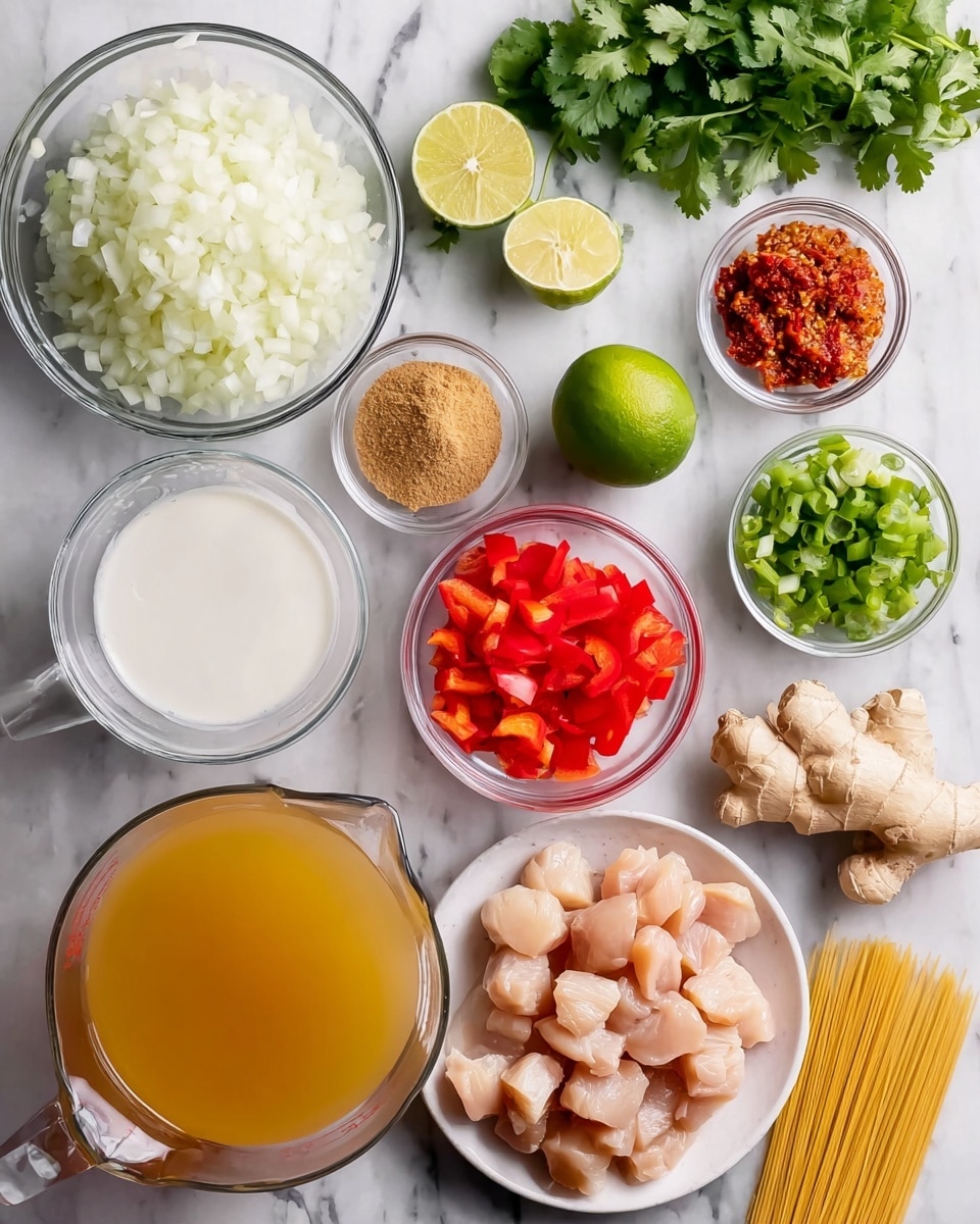 The image shows several clear glass bowls and a white plate with food ingredients arranged neatly on a white marbled surface. Starting from the top left, there is a large bowl filled with finely chopped white onions, next to it a small bowl with brown sugar, another small bowl with red paste, and a larger measuring cup filled with thick white liquid, likely coconut milk. Below them are fresh green cilantro leaves, a whole lime and a lime half, and a bowl of chopped green onions. In the center is a bowl filled with diced red bell peppers. On the right, there is a piece of fresh ginger root next to a white plate piled with cubed raw chicken. At the bottom left, a large clear measuring cup holds golden broth, beside which there are three peeled garlic cloves and a bunch of uncooked thin noodles. Everything is placed on a clean white marbled background. Photo taken with an iphone --ar 4:5 --v 7