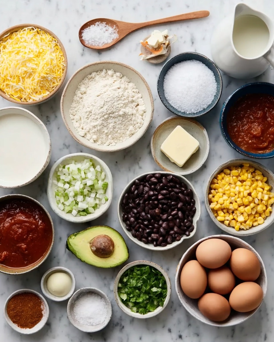 A set of different small white bowls and one grey bowl are placed on a white marbled surface. The bowls hold various cooking ingredients including shredded yellow cheese, white flour, yellow cornmeal, black beans, chopped white onions, chopped green herbs, two brown eggs, sliced avocado, yellow corn kernels, and shredded cooked chicken. There is also a white pitcher with milk, a dark blue bowl with red sauce, a small dish with a piece of butter, and small white dishes with salt, oil, chili powder, and sour cream. A wooden spoon holding salt is resting above the bowls photo taken with an iphone --ar 4:5 --v 7