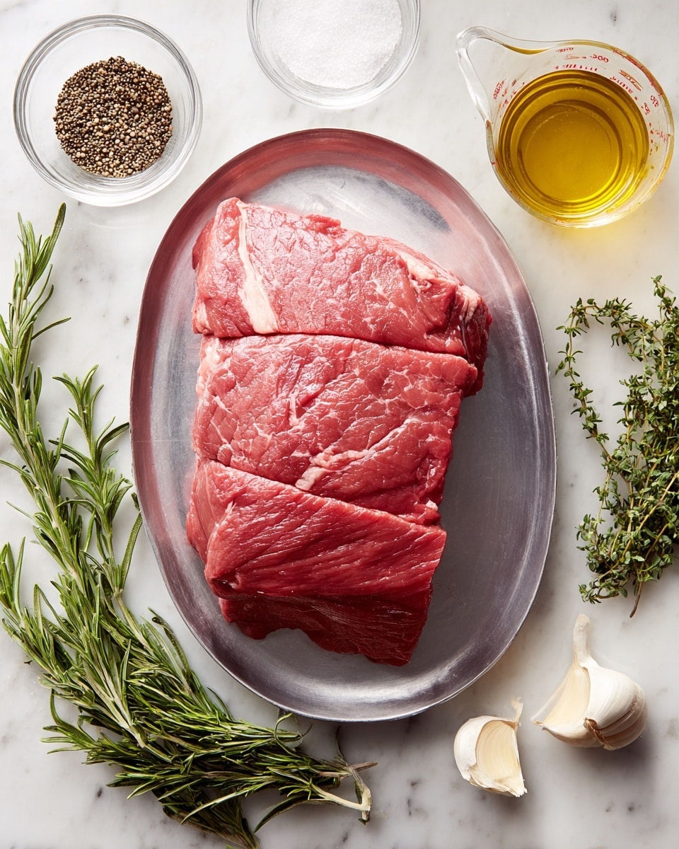 A thick, raw piece of red meat is placed on a silver metal tray in the center of the image. The meat shows natural texture and muscle fibers with slight fat marks and is divided loosely into three sections by faint lines. Surrounding the tray, on a white marbled surface, are small glass bowls filled with coarse black pepper on the upper left, salt on the lower right, and a golden liquid in a transparent measuring cup on the upper right. Fresh green herbs, including rosemary on the left and thyme on the right, lie next to the bowls. Three peeled garlic cloves rest near the pepper bowl, completing the simple cooking setup. photo taken with an iphone --ar 4:5 --v 7