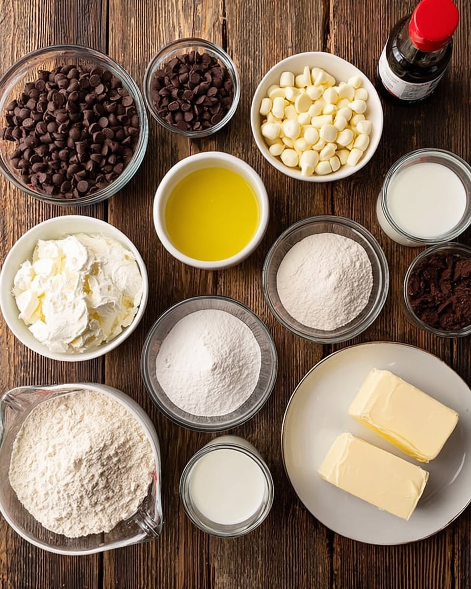 The image shows a top view of many small white bowls and clear measuring cups placed neatly on a wooden surface. There are various ingredients in these containers: dark chocolate chips, white chocolate chips, cocoa powder, yellow liquid oil, white powder sugar, flour, two white eggs, and cream cheese on a white plate. A small bottle of dark vanilla extract is also visible. The colors range from dark brown chocolate chips to bright white cream cheese, with yellow oil and white sugar adding contrast. The clear measuring cups hold milk and water, and the bowls are all arranged symmetrically close to each other. photo taken with an iphone --ar 4:5 --v 7