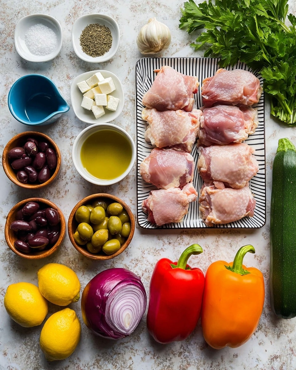 The image shows ingredients neatly arranged on a white marbled surface. At the center-right, there is a white square plate with black stripes holding ten pieces of raw pink chicken thighs in two rows. To the left of the plate, there are small white bowls with dried herbs and a single garlic clove placed in the top left corner. Below them are a blue bowl with coarse salt and a white jug with olive oil. Three wooden bowls hold dark purple olives, green olives, and small cubes of white feta cheese from top to bottom. At the bottom of the image, there are two whole yellow lemons, one large purple onion, one red tomato, and one orange bell pepper lined up horizontally. On the far right of the image is a whole green zucchini. Fresh parsley leaves are partially visible in the top right corner. The photo taken with an iphone --ar 4:5 --v 7