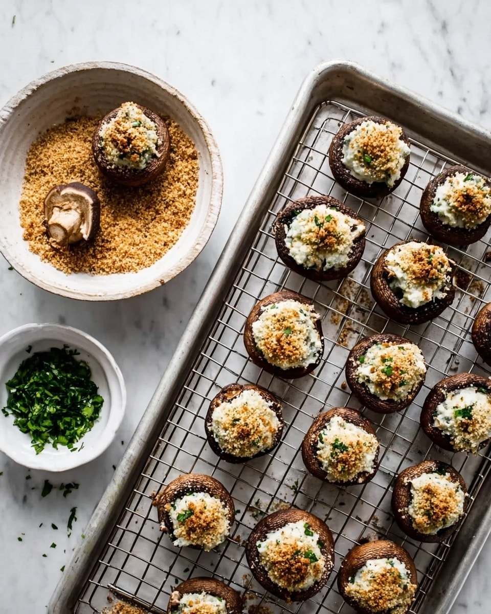 A white tray with a metal grid holds two rows of stuffed mushrooms topped with a creamy white filling mixed with small green herbs and some toasted brown crumbs on a few mushrooms; above the tray, there is a round bowl filled with golden brown crumbs and one mushroom resting on top, next to a small white bowl with chopped green herbs; the whole setup is on a white marbled surface. photo taken with an iphone --ar 4:5 --v 7