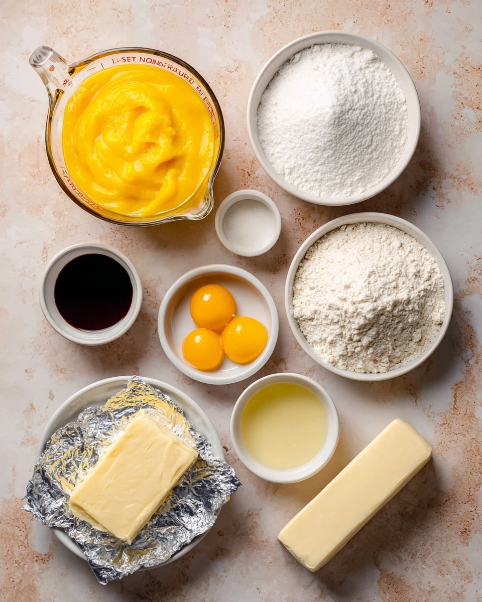 The image shows a flat lay of various baking ingredients arranged on a surface with a white marbled texture. There is a clear glass measuring cup filled with bright yellow mango puree placed near the top center. Around it are white bowls holding different ingredients: a bowl with white powdered sugar on the right, a bowl with white sugar on the left, a bowl with flour in the center, and a bowl containing two yellow egg yolks near the bottom left. Next to the eggs, a stick of pale yellow butter is placed horizontally. Below the powdered sugar bowl, a small white bowl with light yellow lemon juice sits next to a block of cream cheese wrapped in silver foil. At the top left, there is a small white cup filled with dark brown vanilla extract. Each ingredient is clearly labeled with bold black text. The whole arrangement is on a soft light brown background with a white marbled texture. photo taken with an iphone --ar 4:5 --v 7