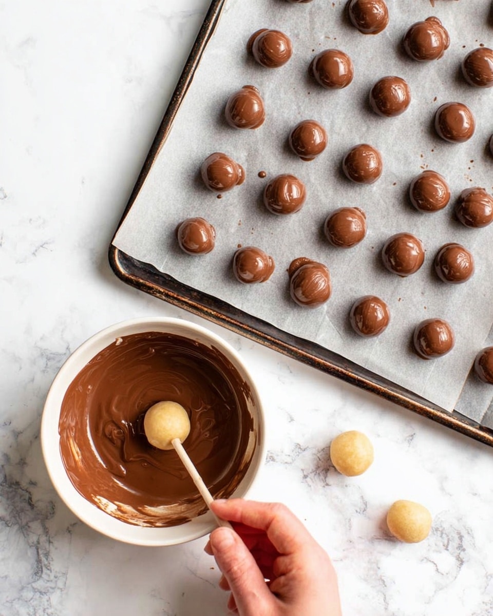 A white bowl filled with smooth, melted milk chocolate on the left side rests on a white marbled surface. A woman's hand is holding a stick with a light beige dough ball at the tip, dipping it into the chocolate. Next to the bowl, a baking tray lined with parchment paper holds many small, round dough balls spread across it. Two dough balls near the top of the tray are already coated in shiny milk chocolate with a small lighter center showing through. The dough balls have a smooth texture and appear ready to be dipped. The scene is brightly lit and clean. photo taken with an iphone --ar 4:5 --v 7