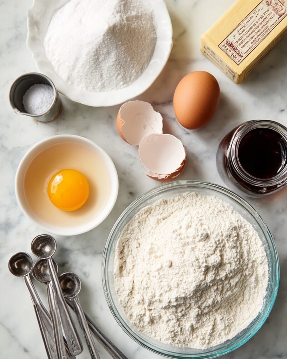 The image shows a clear glass bowl filled with white flour on the bottom right. Above and slightly left is a white bowl holding a single egg yolk. Next to it is a whole brown egg and two broken egg shells. On the left side, there is a white plate holding a pile of white sugar, three metal measuring spoons stacked with different sizes, and a metal can with some white powder inside. At the top right corner, a yellow box and a small glass jar with a dark liquid sit on a white marbled surface. photo taken with an iphone --ar 4:5 --v 7