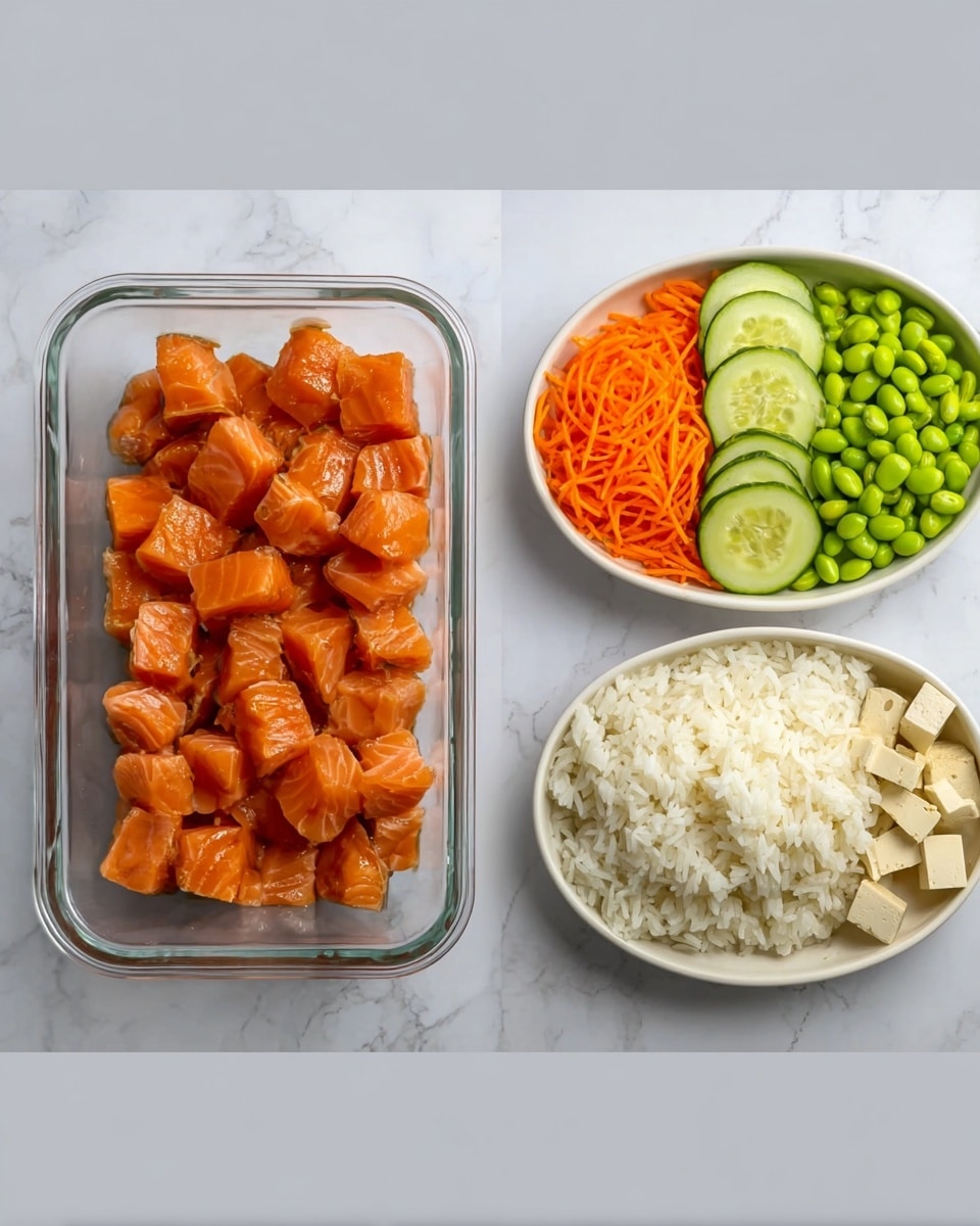 The image shows three separate containers on a white marbled surface. The first container is a clear rectangular glass dish filled with evenly cut, glossy orange cubes of salmon spread out to cover the bottom layer. The second container is a white oval plate divided into four sections: thin round slices of cucumber on the left, bright orange shredded carrots next to the cucumber, beige cubes of tofu next to the carrots, and a small pile of green edamame beans on the right. The third container is a round white plate filled fully with plain white rice that has a soft fluffy texture. photo taken with an iphone --ar 4:5 --v 7