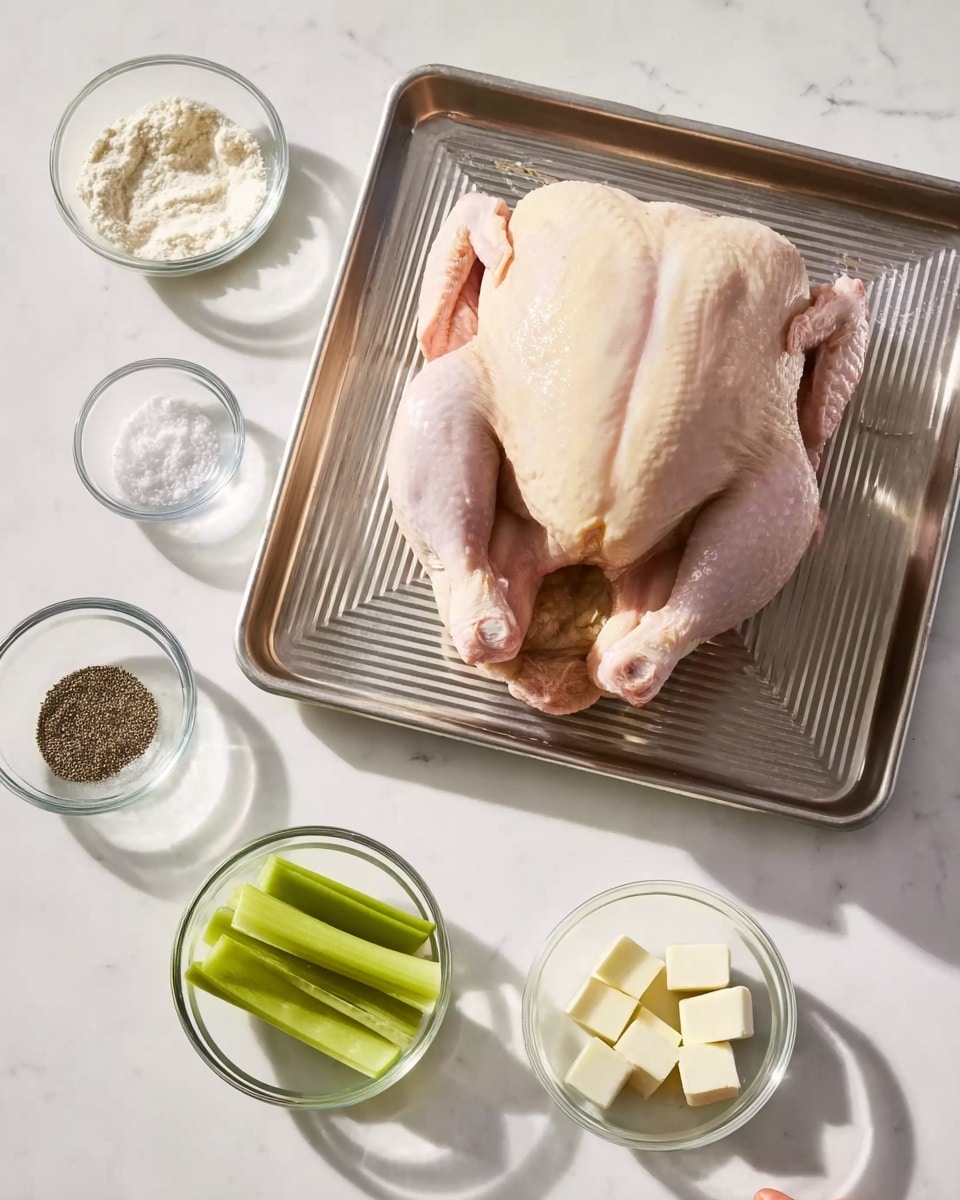 The image shows a raw whole chicken placed in the middle of a metal tray with a ridged surface. The chicken is pale pink with a slight sheen, and the wings are spread out to the sides resting on the tray. Surrounding the tray are five small clear glass bowls arranged on a white marbled surface: one bowl contains a small mound of white flour, another has a heap of white salt, the third holds black pepper, the fourth bowl is filled with green celery sticks, and the fifth has several small cubes of white butter. The light casts soft shadows around the objects, and a woman's hand is reaching toward the tray from the bottom right corner. photo taken with an iphone --ar 4:5 --v 7