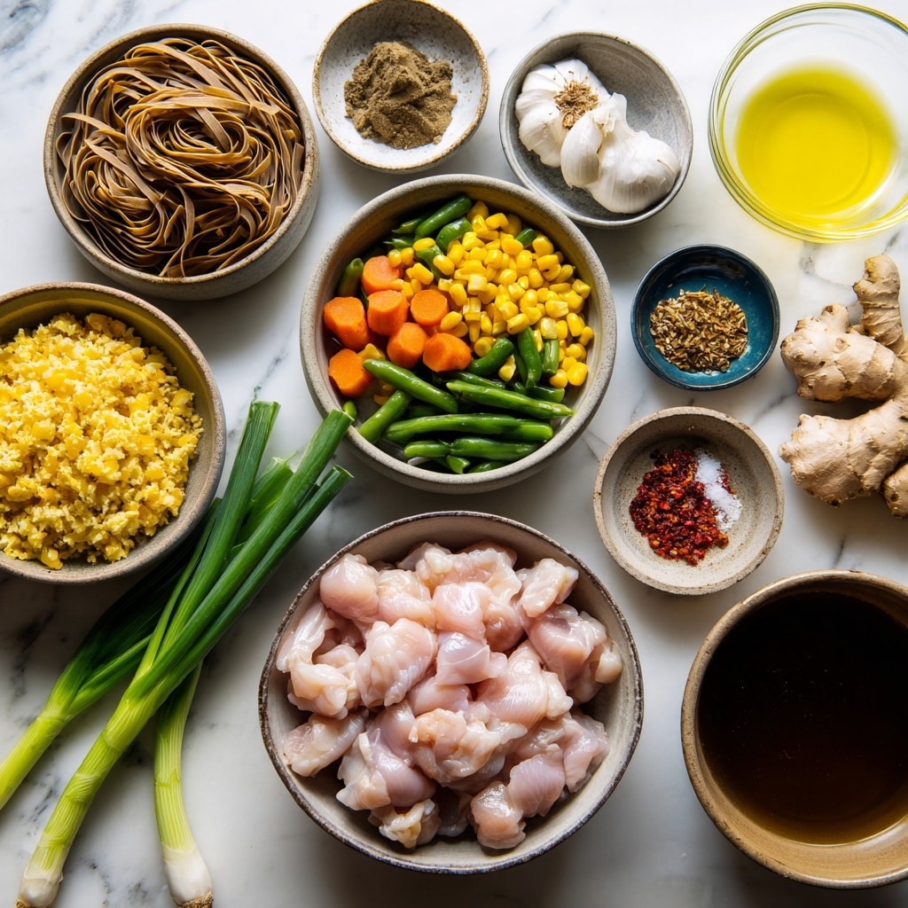 The image shows several bowls and ingredients laid out on a white marbled surface. In the front, there is a bowl with small, light pink raw chicken pieces. Next to it are two long green spring onions lying flat. To the left, a bowl holds uncooked brown noodles, and above it, a bowl contains yellow cooked rice. Another bowl contains mixed vegetables with green beans, orange carrot cubes, and yellow corn. Nearby, there is a small dish with a dark brown paste, a head of garlic, and a small dish with salt and red chili flakes. Ginger root pieces are placed at the top right. A small clear bowl with light yellow oil is near the center, and a large bowl with dark brown liquid broth sits at the right edge of the image. photo taken with an iphone --ar 4:5 --v 7